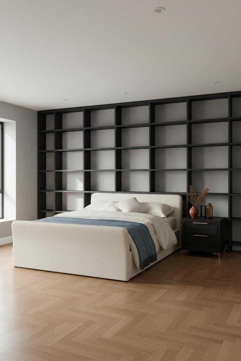 Neutral Black Bedroom Matte Shelving