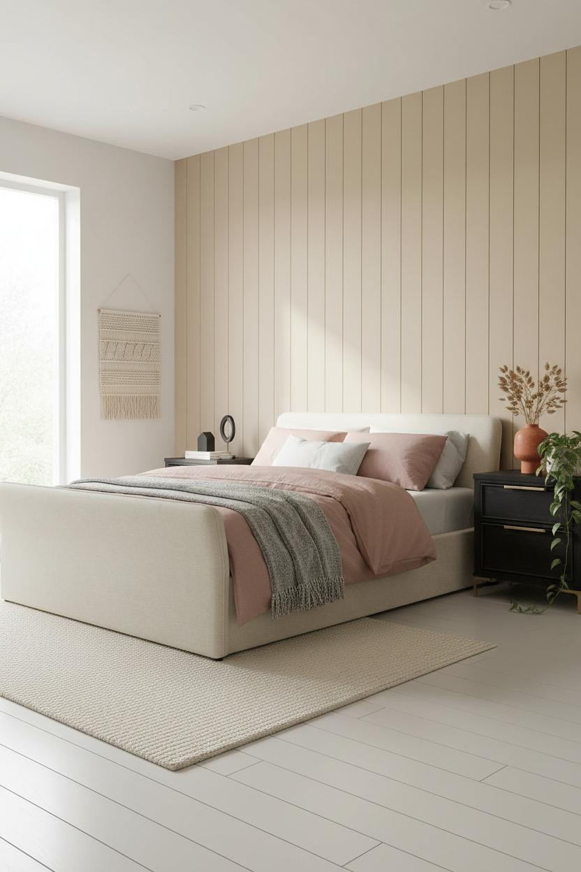 Neutral Black Bedroom Shiplap Window Light