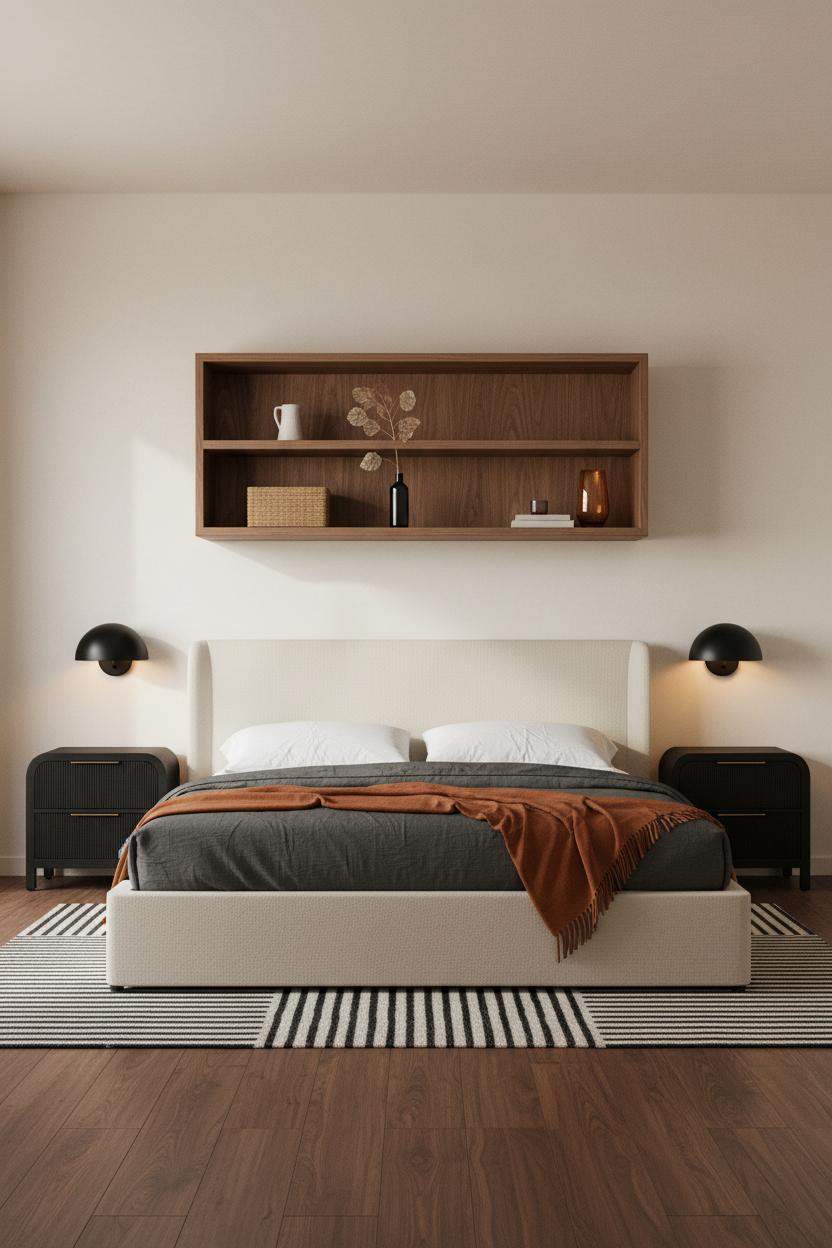 Neutral Black Bedroom Walnut Shelves MCM