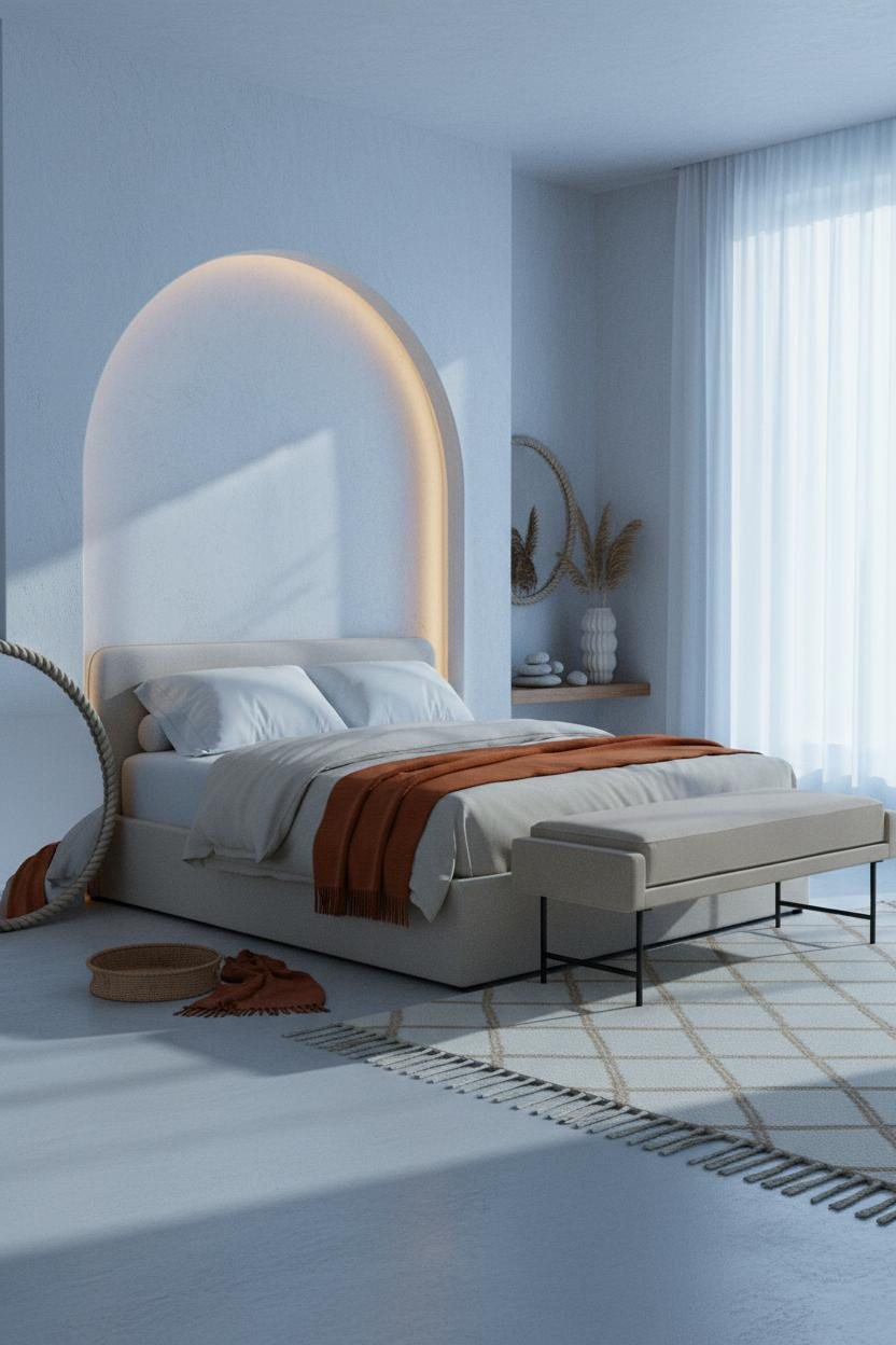 Neutral Coastal Bedroom Arched Alcove Headboard