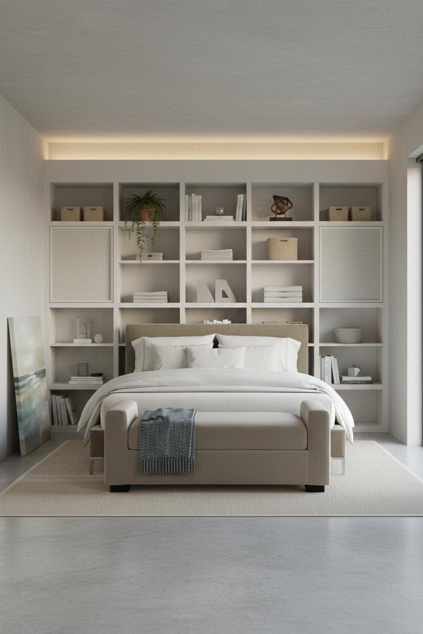 Neutral Coastal Bedroom Built In Shelves