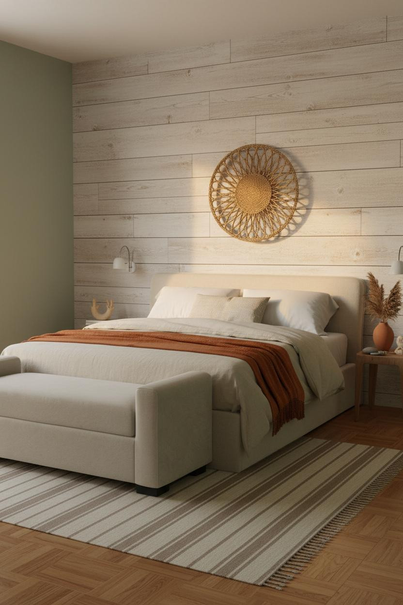 Neutral Coastal Bedroom Shiplap Accent Wall