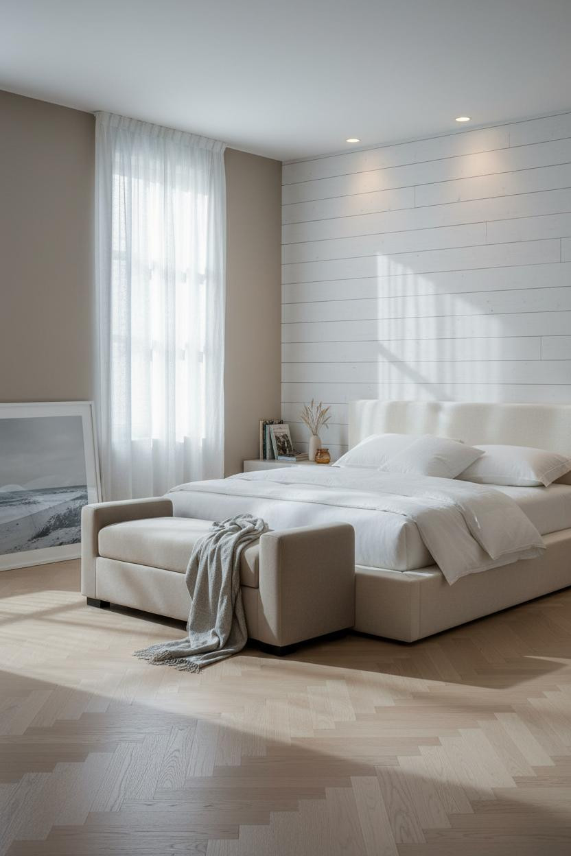 Neutral Coastal Bedroom Shiplap Headwall