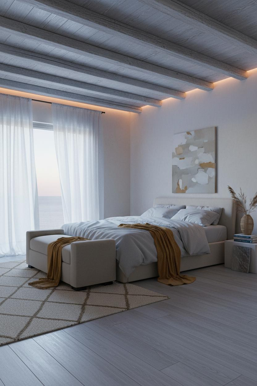 Neutral Coastal Bedroom Weathered Beams