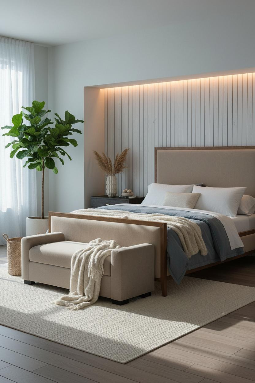 Neutral Coastal Bedroom Whitewashed Headboard