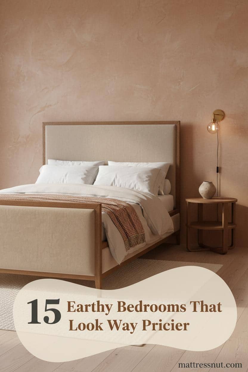 Neutral earthy bedroom with clay plaster walls, oatmeal linen bedding, walnut nightstand, raw ceramic vessel, and warm brass sconce glow