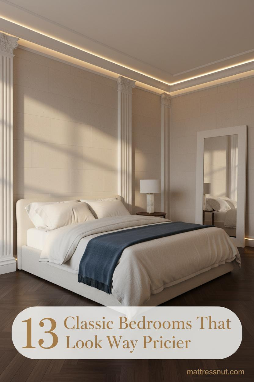 Classic luxury bedroom with ivory fluted pilasters, pale limestone wall, dark walnut herringbone floors, cream linen bedding, and steel-blue wool throw