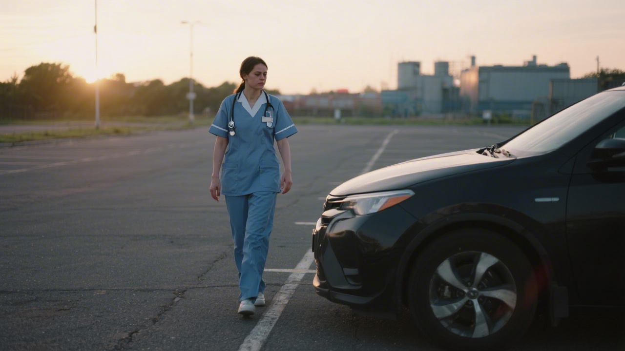 Night shift worker walking to car in parking lot at dawn after overnight shift
