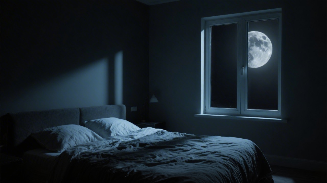 Dark restless bedroom representing nightmare disorder and disturbed sleep