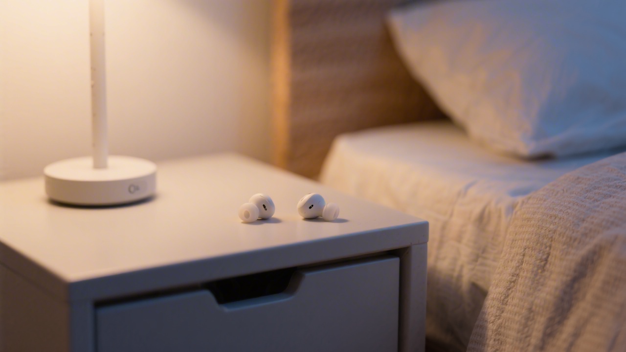 Small sleep-specific earbuds on a nightstand beside a pillow