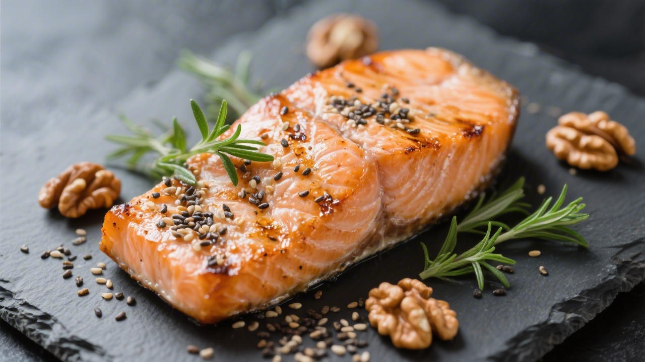 Omega-3 rich foods including salmon walnuts and chia seeds for melatonin and sleep quality