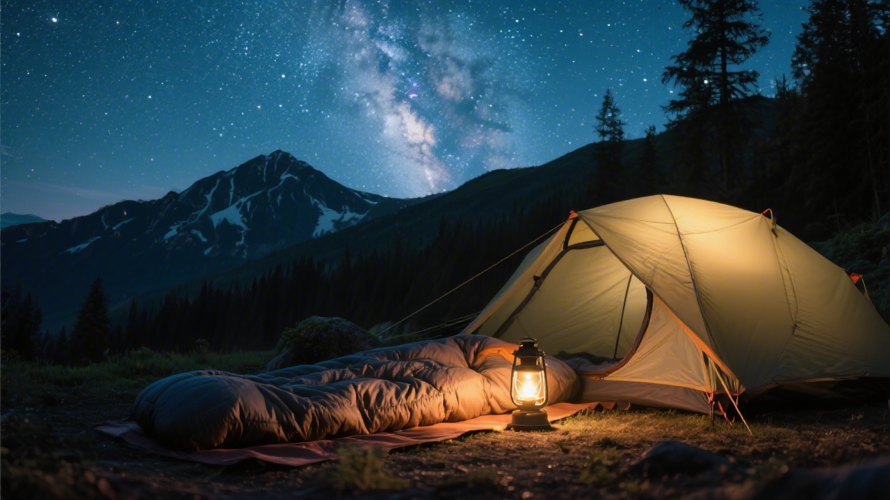 Cozy outdoor sleeping setup under starry night sky