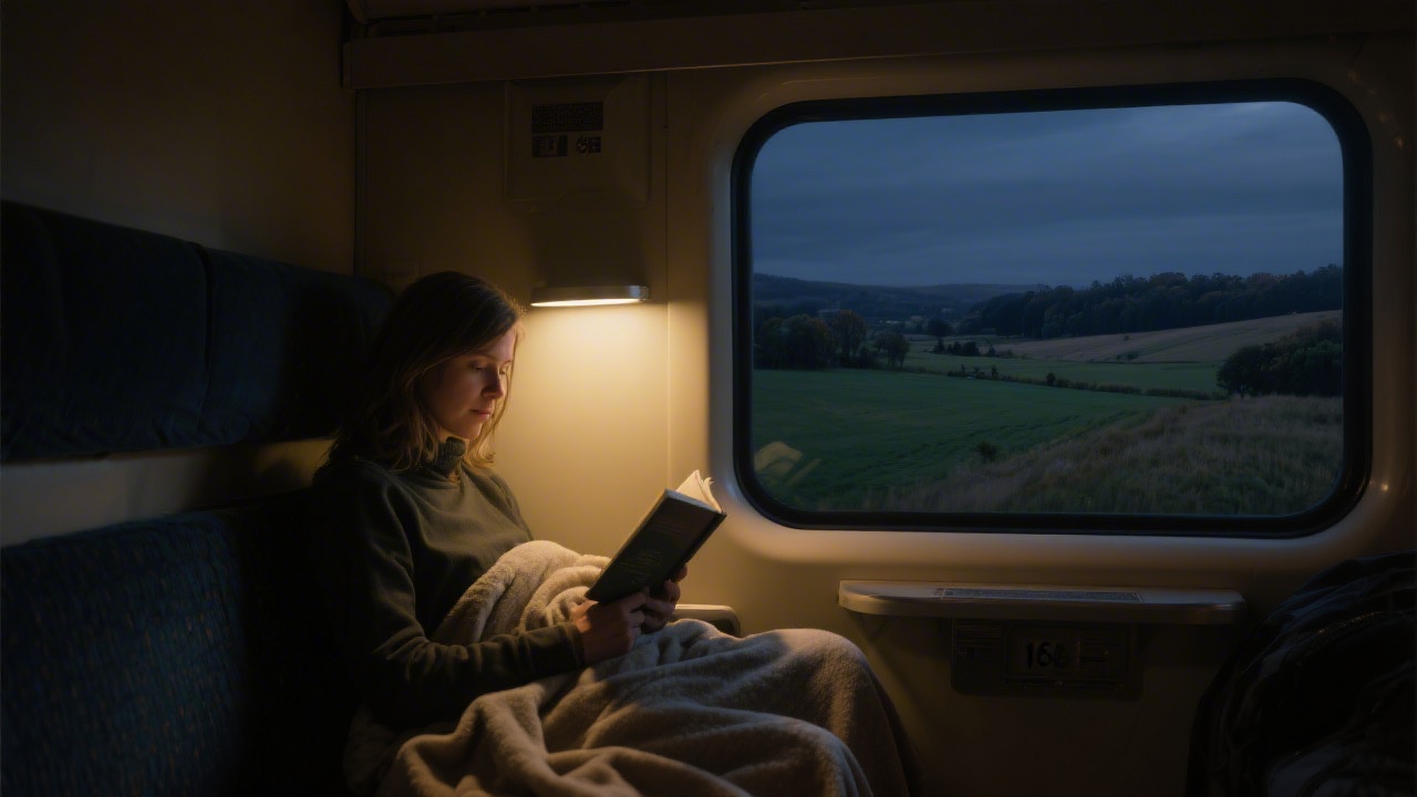 Passenger sleeping on overnight train with blanket and travel pillow