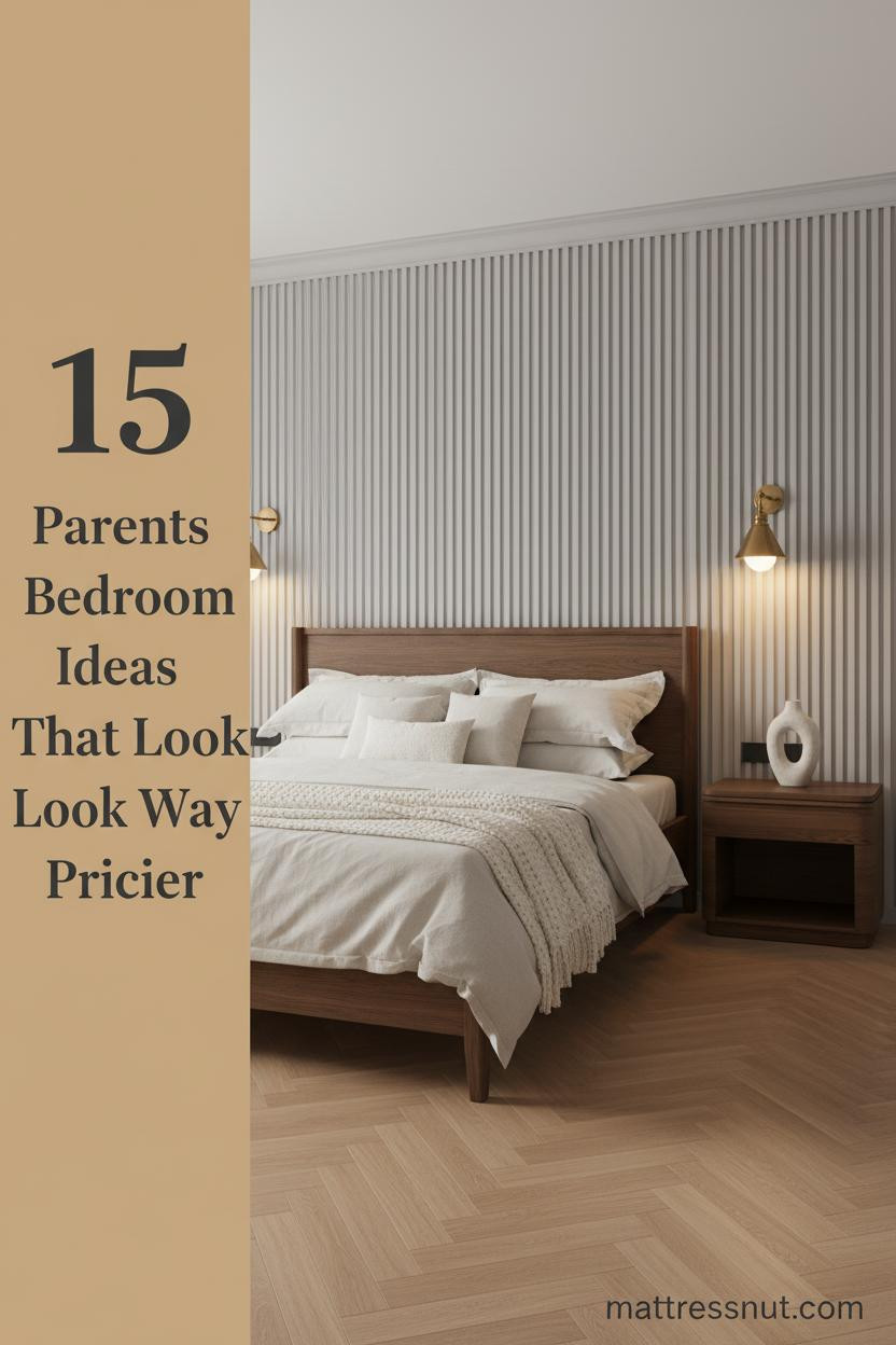 Architectural parents bedroom with dove grey fluted plaster headwall, oak herringbone floors, brass sconces, and layered ivory linen bedding