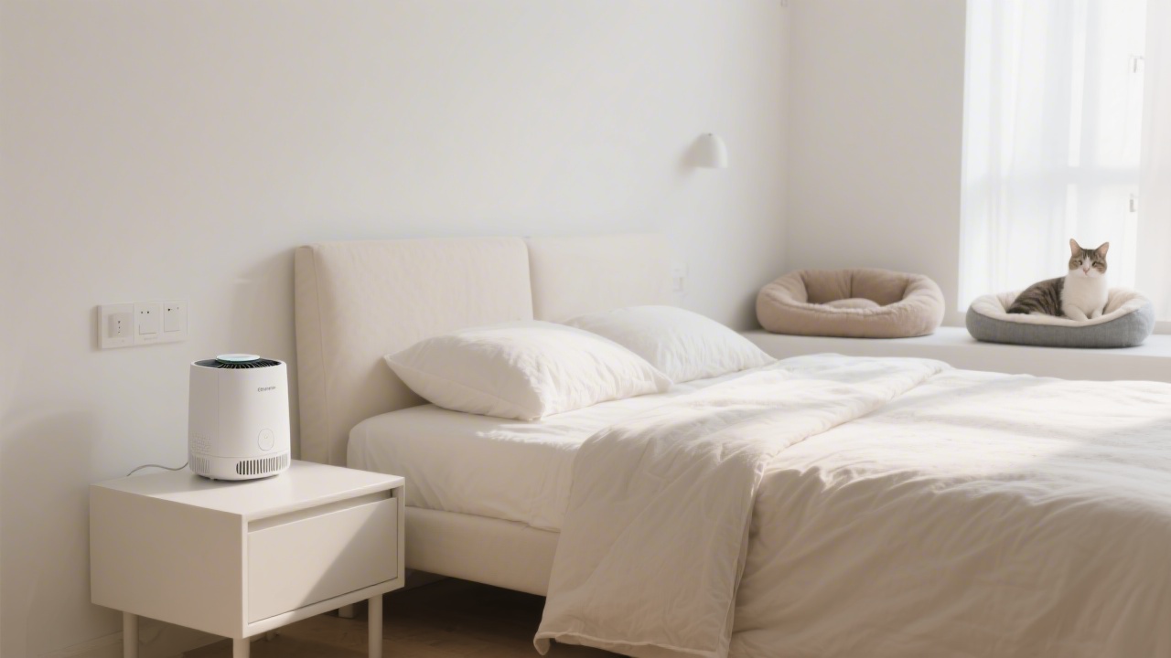 Minimalist bedroom with air purifier and cat on pet bed in background