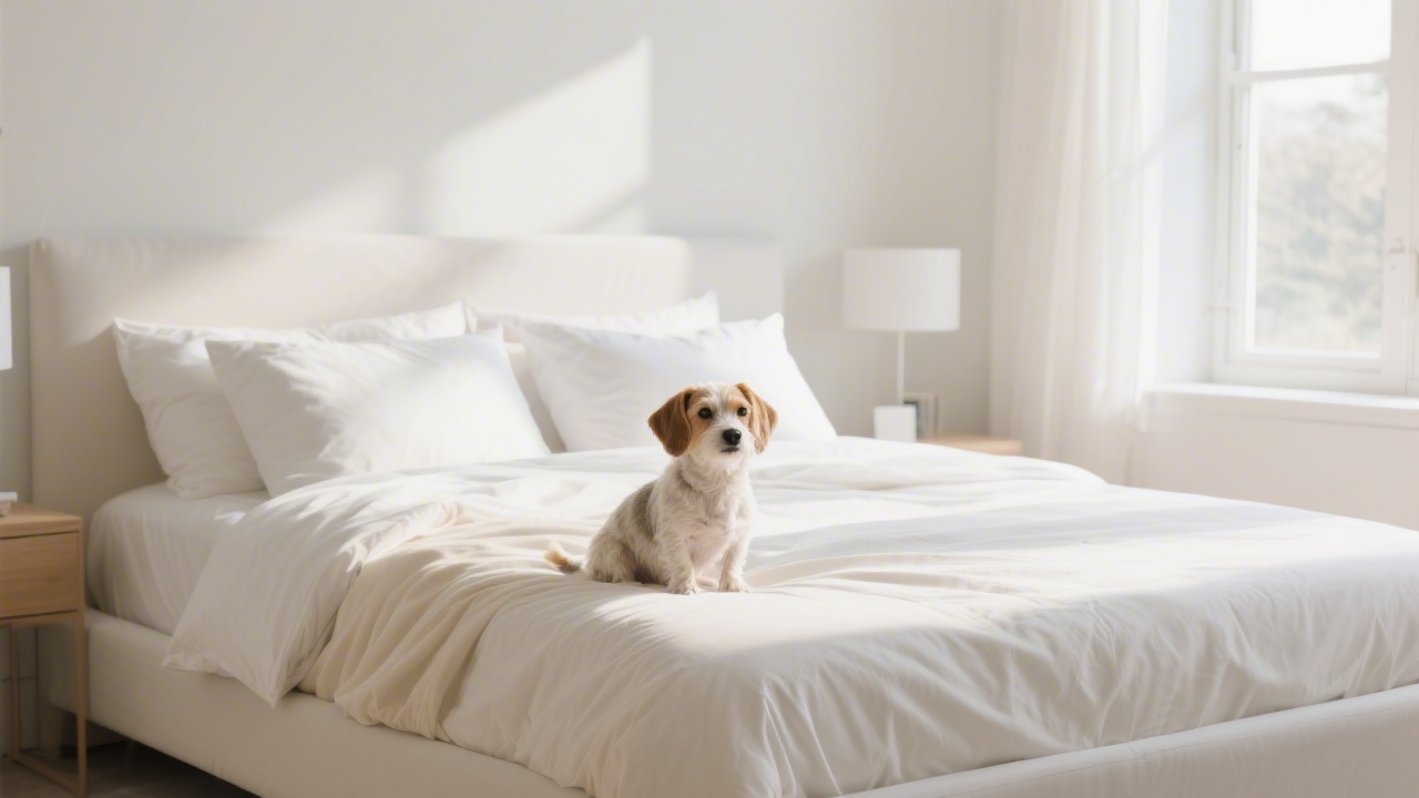 Small dog on a well-made bed with premium white bedding