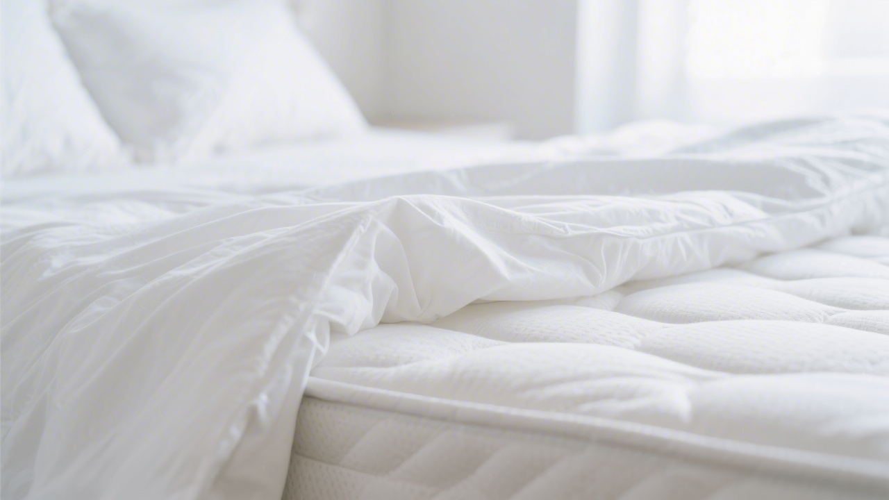 Clean white mattress with stripped bedding in a bright minimalist bedroom