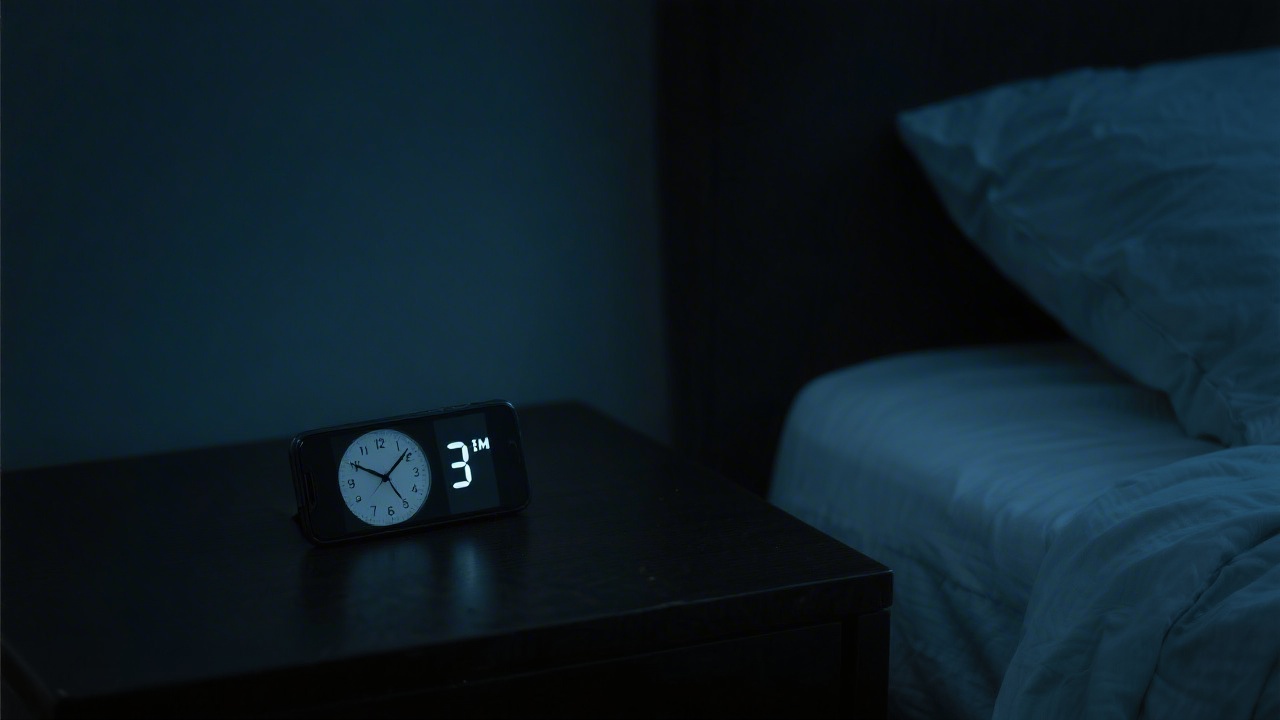 Phone addiction at night disrupting sleep — phone on bedside table at 3am