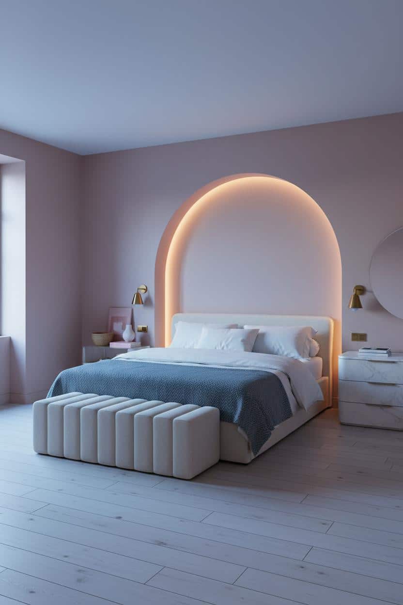 Pink Luxury Bedroom Modern Blush Arched Niche Brass Sconces