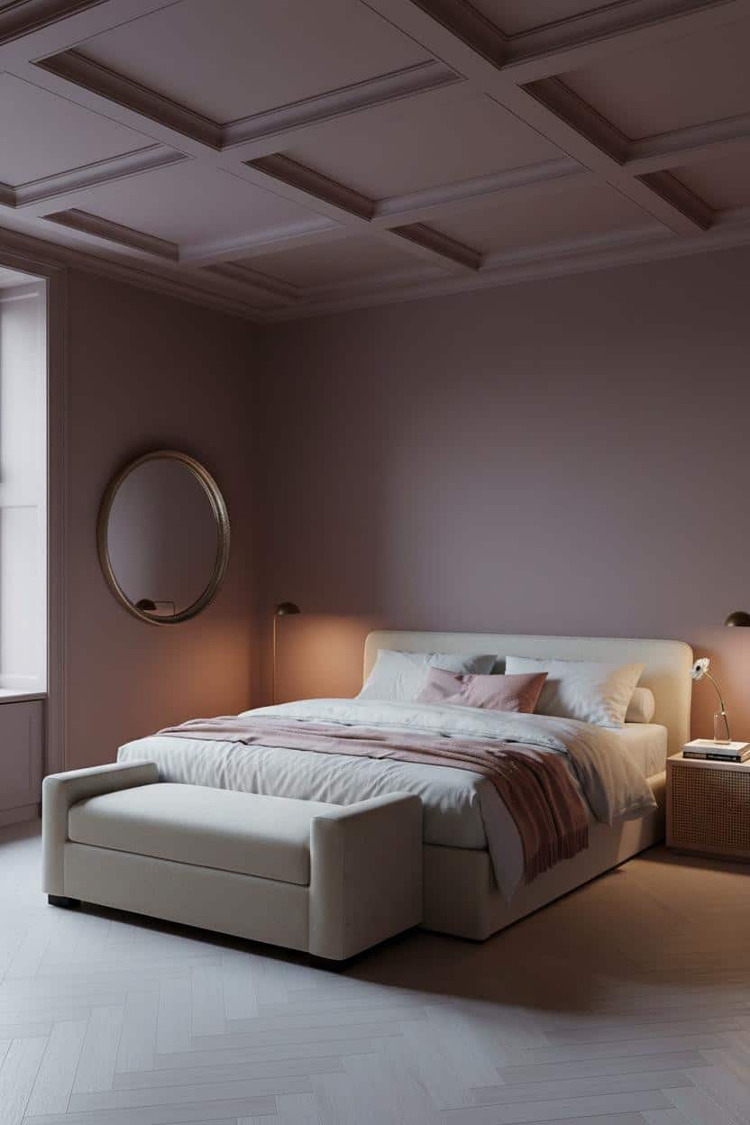 Pink Luxury Bedroom Modern Dark Rose Coffered Ceiling