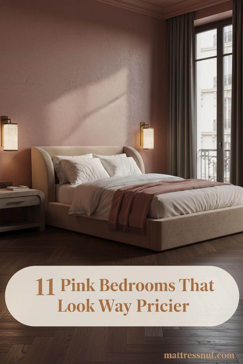 Pink luxury bedroom with antique rose plaster walls, dark walnut herringbone floors, brass sconces, ivory sateen bedding and dusty pink mohair throw