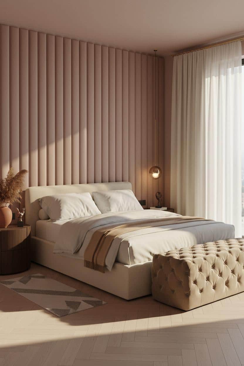 Pink Luxury Bedroom Modern Velvet Channel Quilted Walls Golden Hour