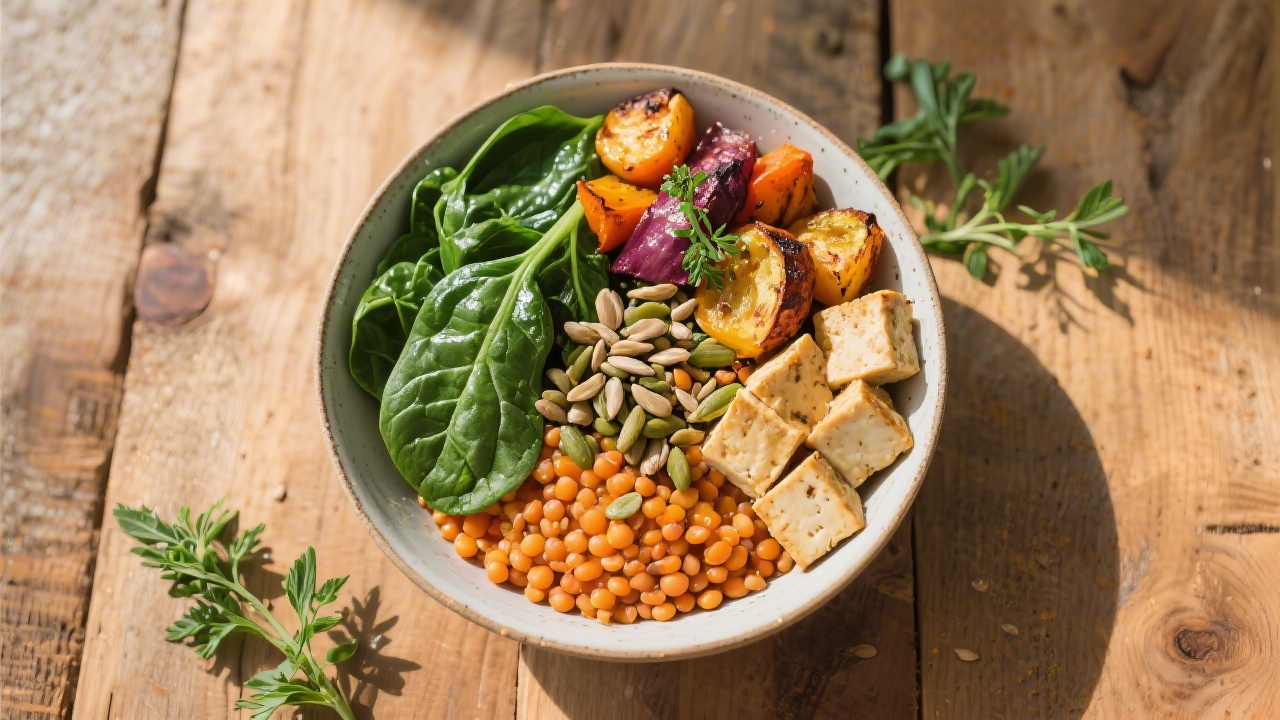 Colorful plant-based meal with lentils spinach tofu and seeds for sleep nutrition