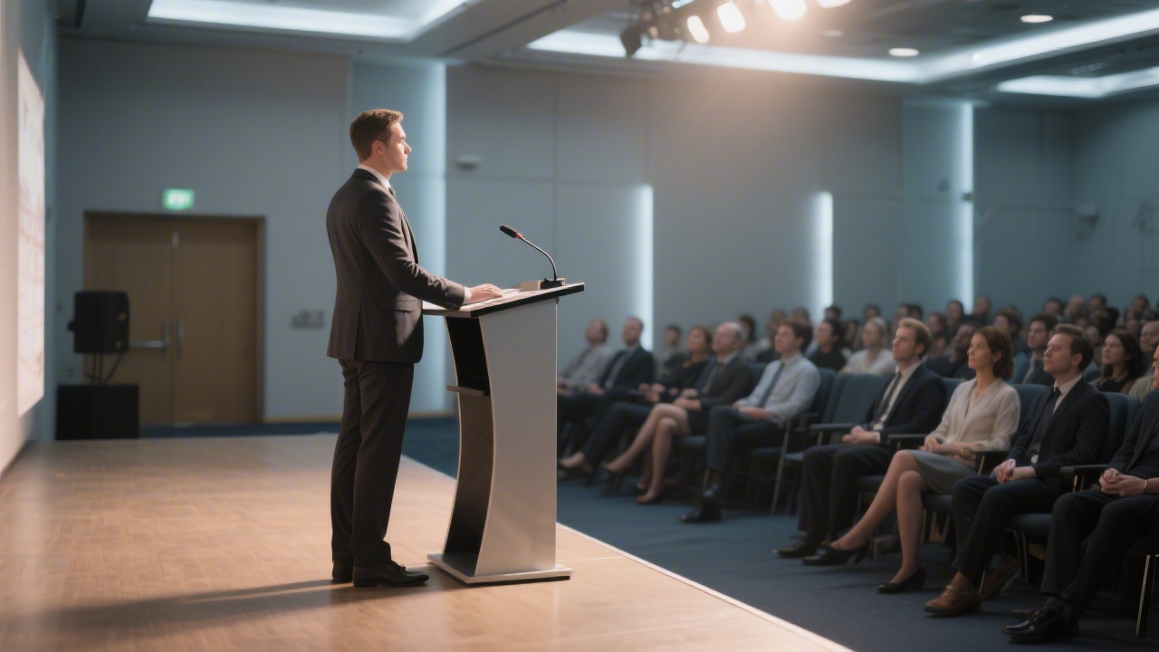 Professional presenter delivering a confident speech after optimal sleep