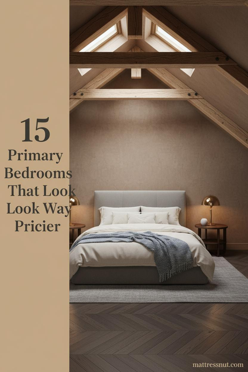 Attic primary bedroom with vaulted oak beams, clay plaster walls, ivory linen duvet, dusty blue throw, and walnut herringbone parquet floor