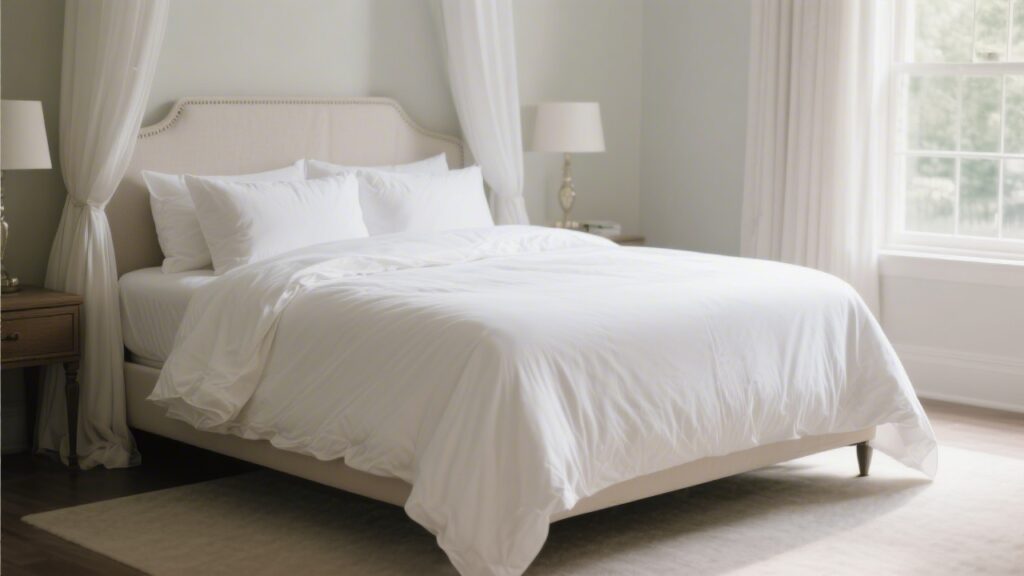 Queen comforter with proper drape on a queen bed
