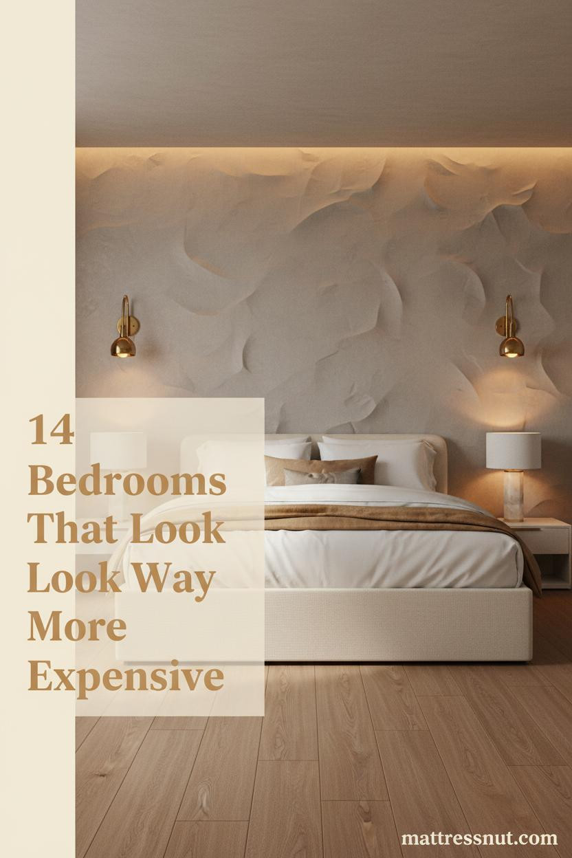 Quiet luxury bedroom with greige plaster headboard wall, honey oak floors, ivory percale duvet, camel wool throw, and warm brass sconces