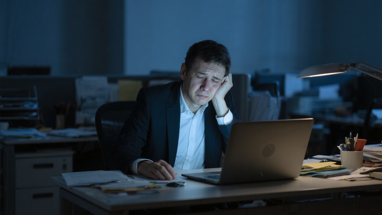 Tired professional staying up late as revenge bedtime procrastination