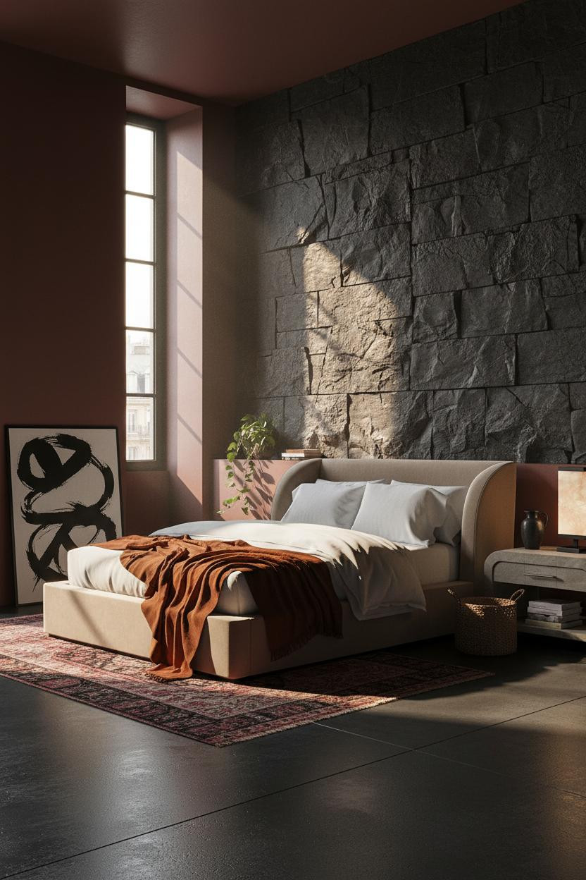 Romantic Goth Bedroom Stone Accent Wall