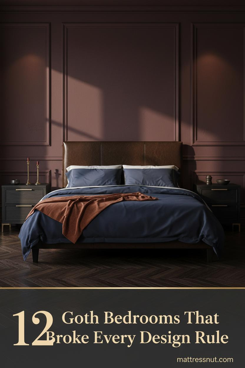 Romantic goth bedroom with espresso leather bed, burgundy relief wall panels, navy sateen bedding, rust throw, and amber sconce lighting