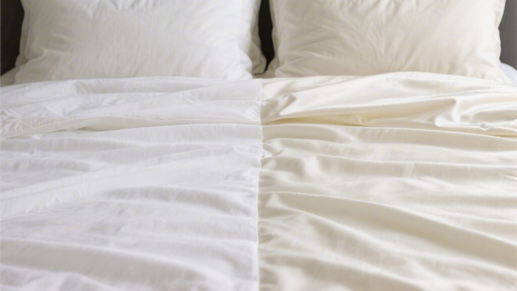 Percale vs sateen sheet fabric comparison on a bed