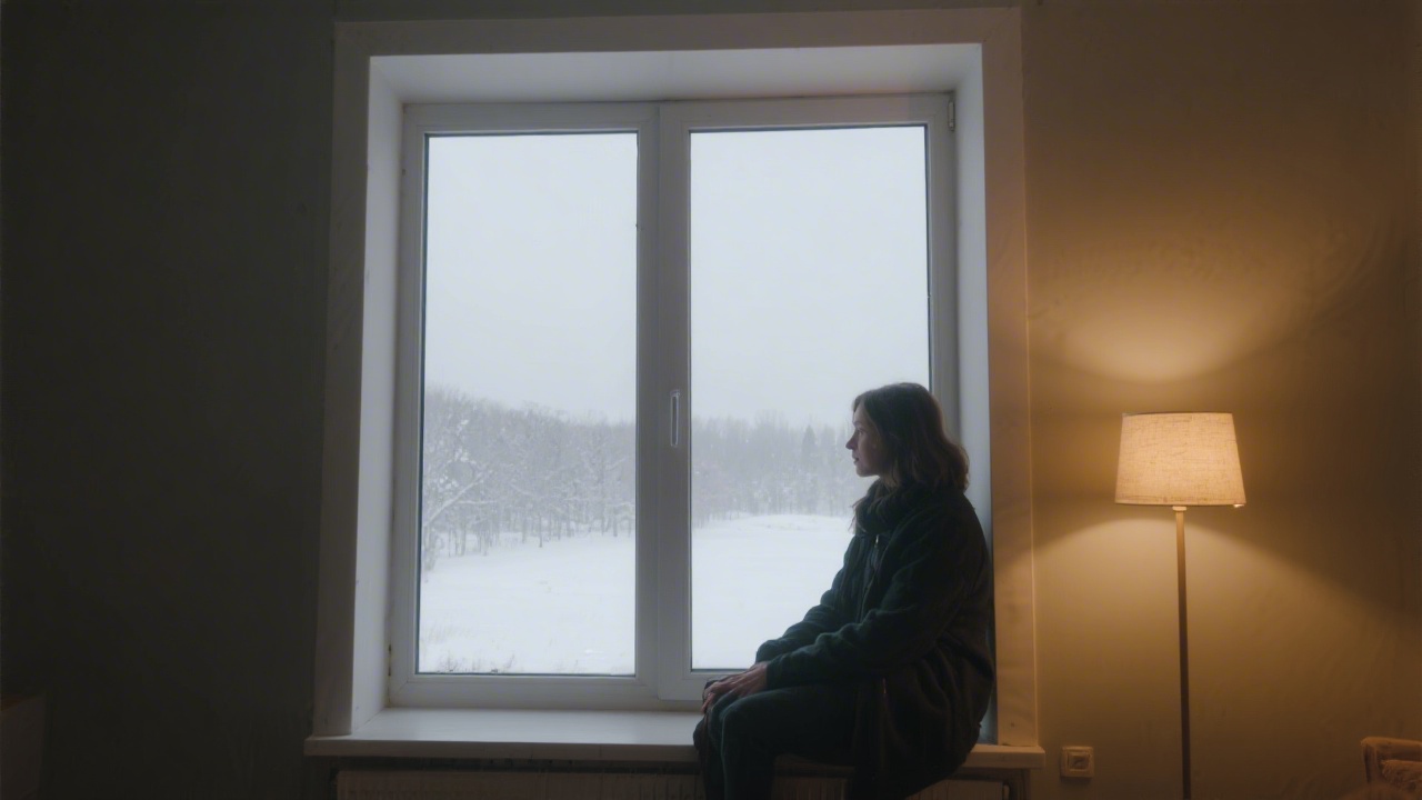 Person experiencing seasonal affective disorder in winter sitting by a dark window