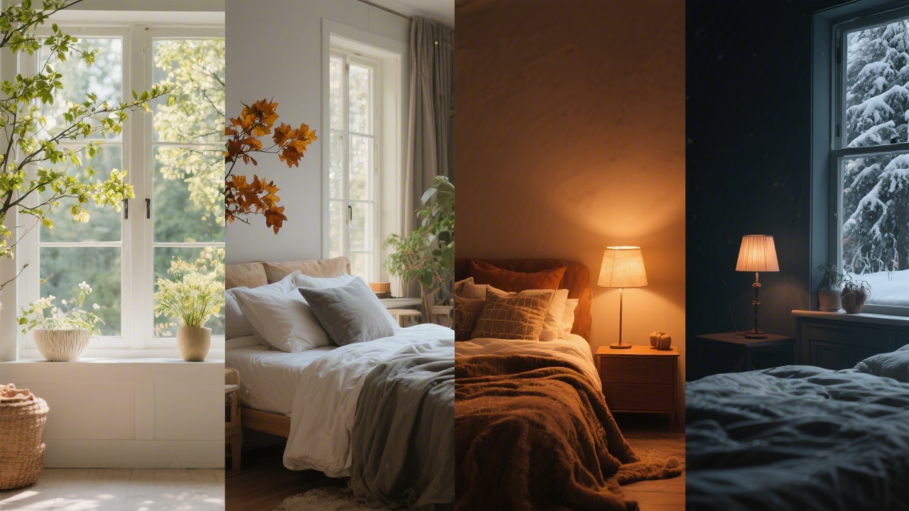 Seasonal bedroom light changes showing how winter darkness and summer light affect sleep patterns