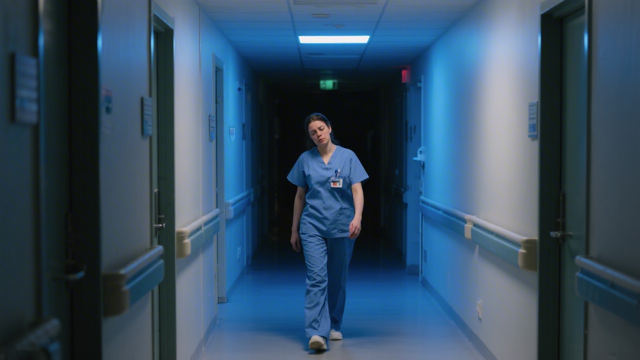 Night shift worker in hospital corridor illustrating shift work sleep disorder and circadian disruption