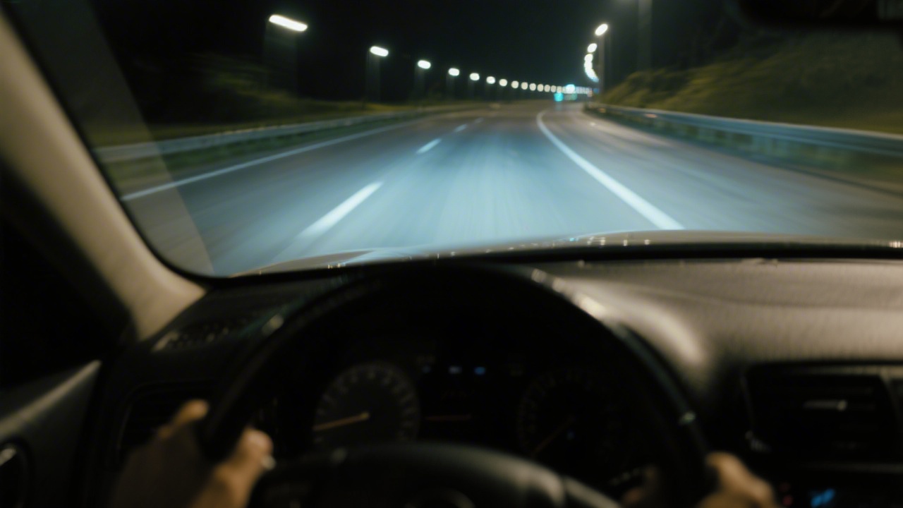 Driver POV at night showing lane drift as warning sign of fatigue while driving