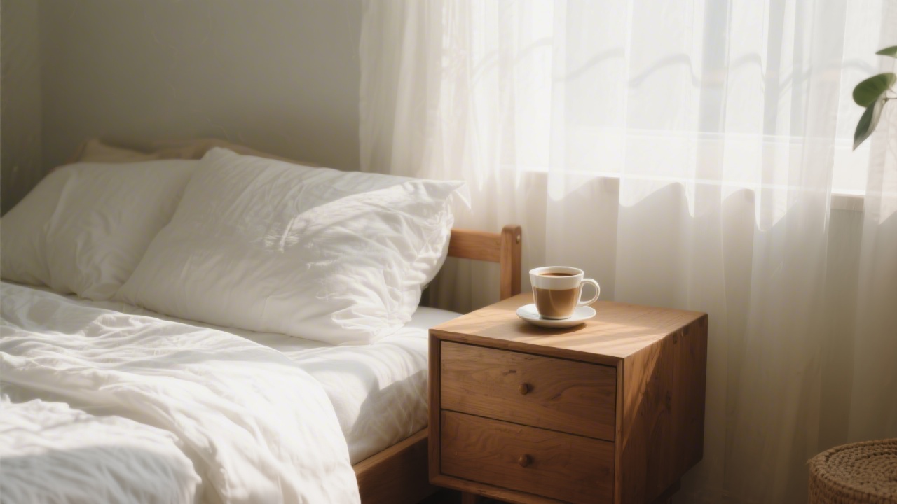 Peaceful morning bedroom with sunlight and white linen representing sleep and happiness research