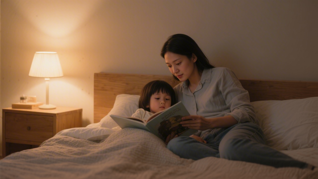 Well-rested parent reading to child at bedtime