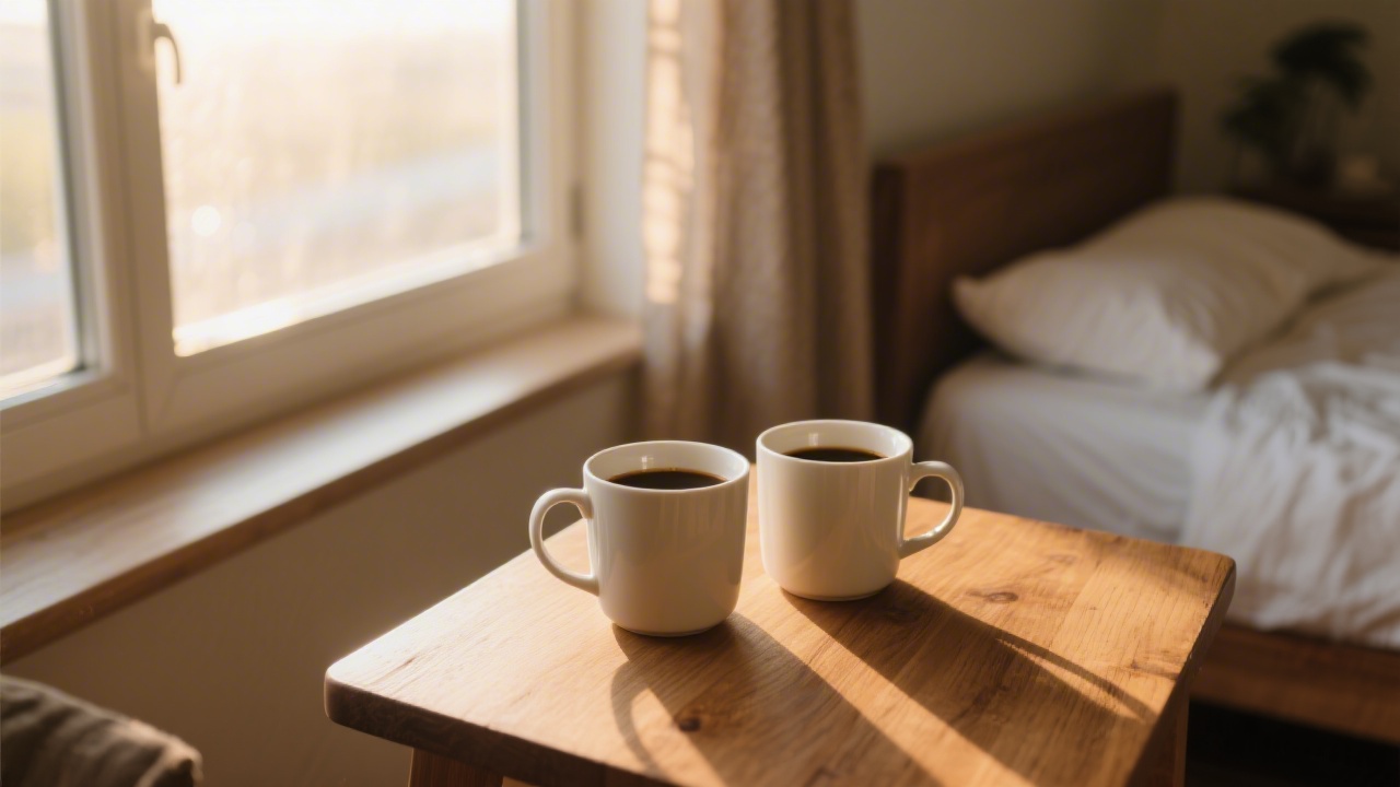 Two coffee mugs on a bedside table symbolizing couples sleep research and relationship quality