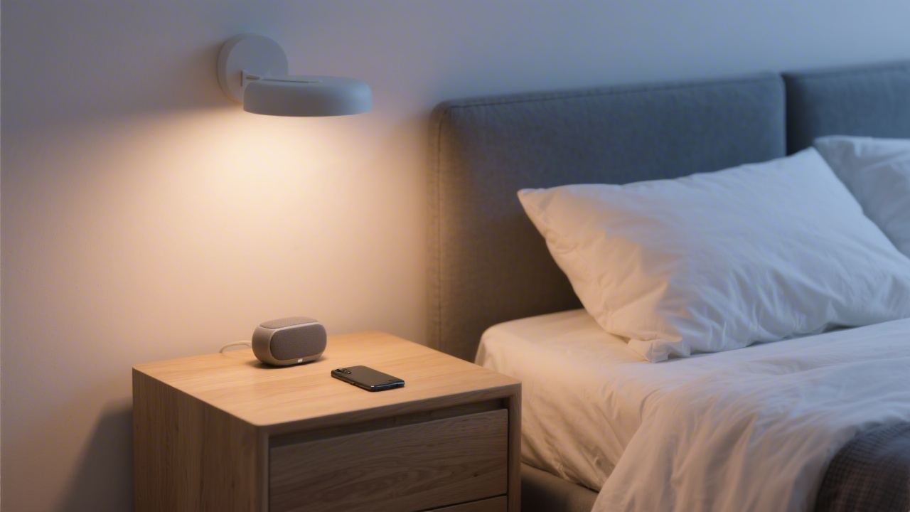 Technology and sleep balance — minimal bedroom setup with smart devices
