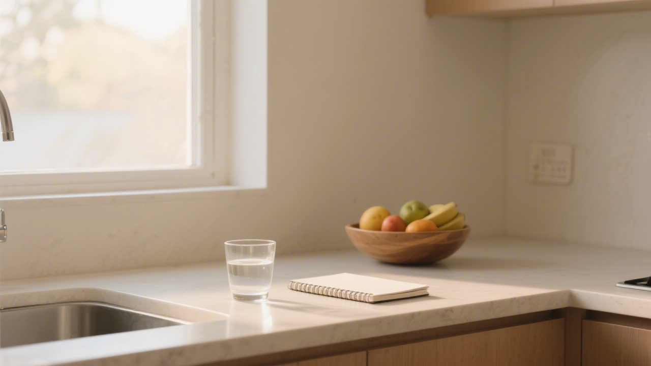 Minimalist healthy kitchen scene representing the hormonal connection between sleep and weight management