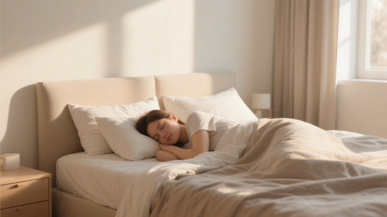 Person sleeping peacefully in a sunlit minimal bedroom