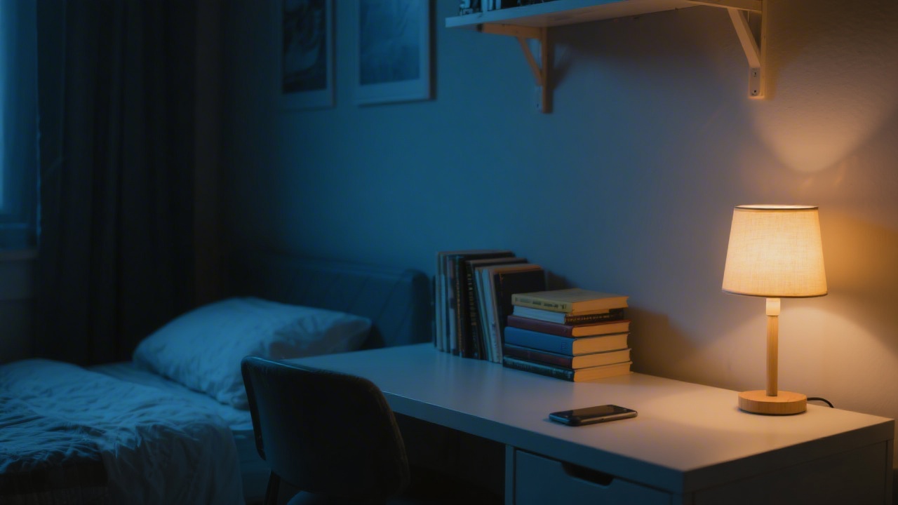 Quiet student bedroom at night representing optimal sleep before an exam