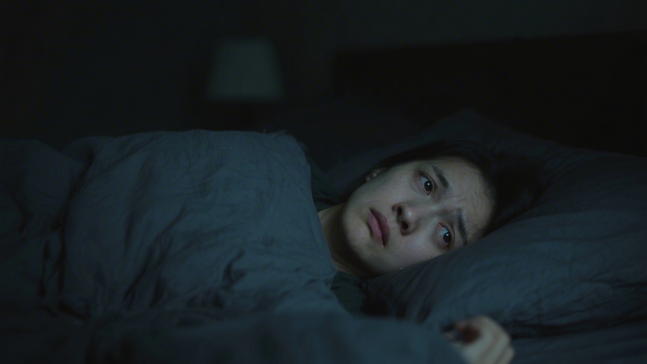Person lying awake with fear of sleep somniphobia