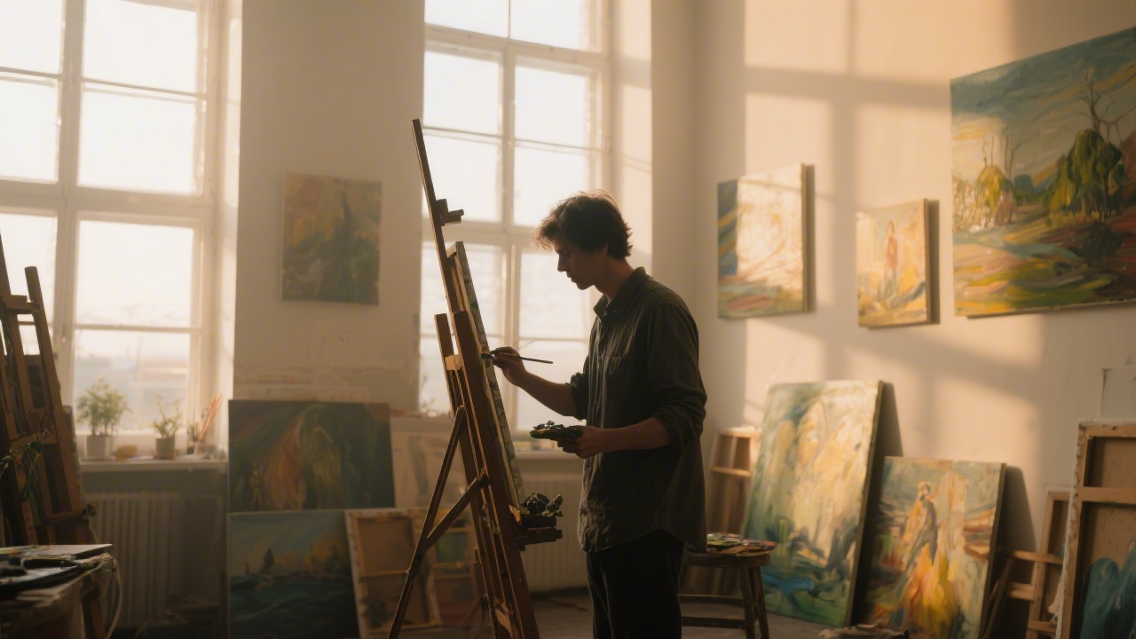 Artist in studio demonstrating how sleep fuels creative visual imagination