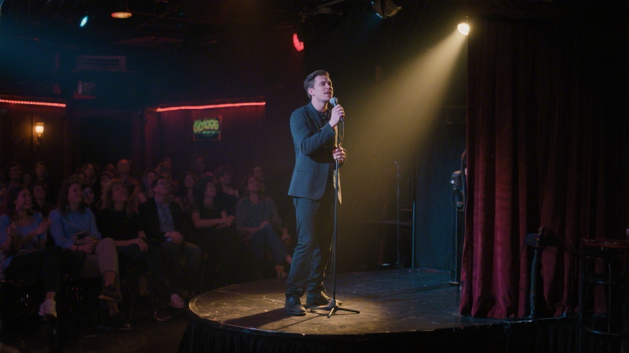 Stand-up comedian on stage — timing and crowd reading depend on sleep quality