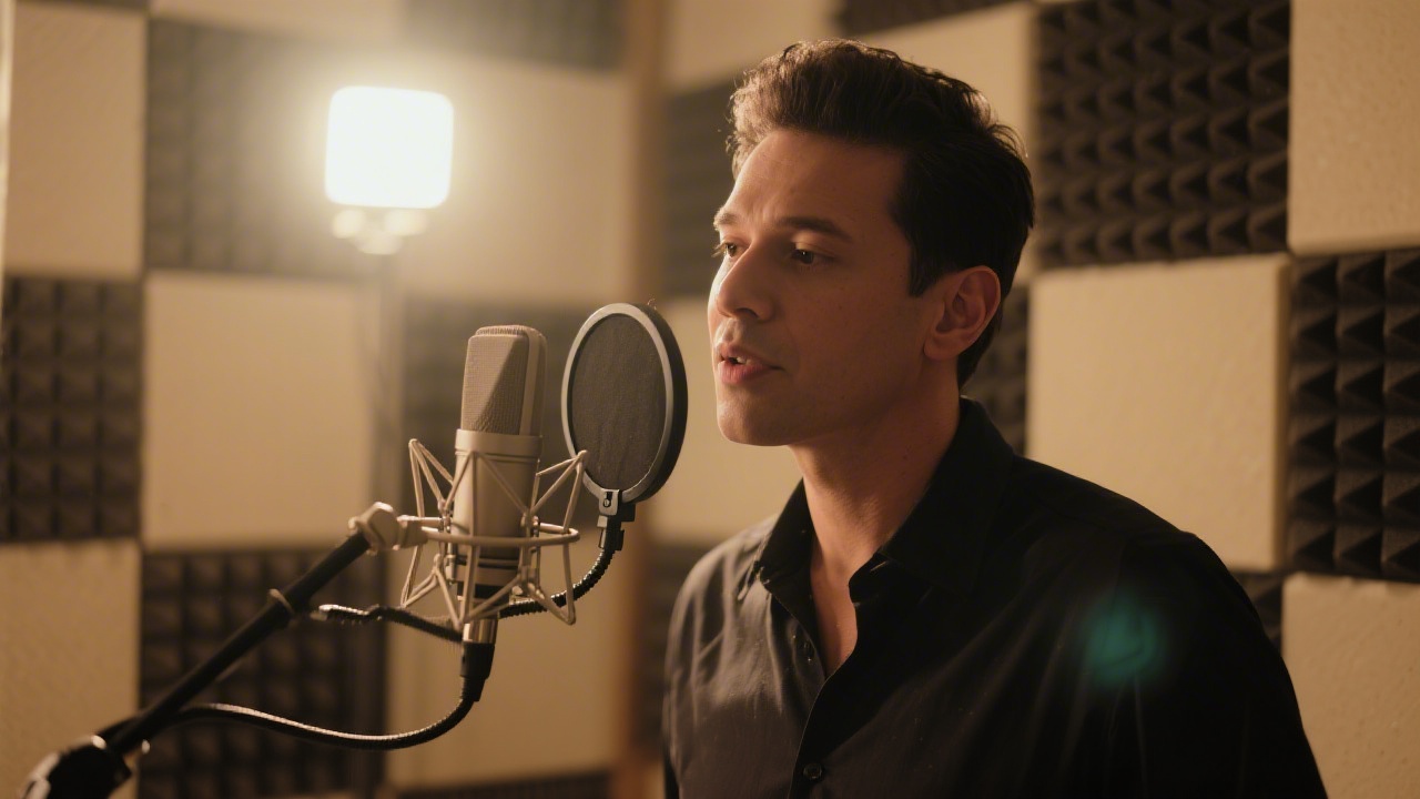 Voice actor in recording booth — sleep quality affects vocal performance